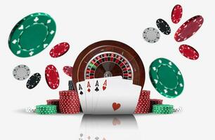 Four aces standing ahead of a brown roulette and chips in piles which flying apart, isolated on white background. Gambling entertainment. Close-up. photo