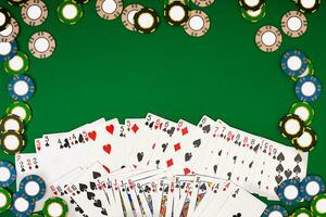 Banner template layout mockup for online casino. Green table, top view on workplace. photo