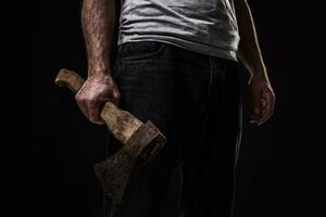 A man holds an ax in his hands against on black background photo