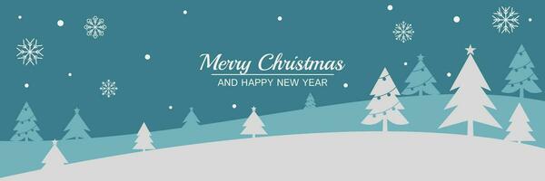 blue christmas greeting banner, with tree silhouette and christmas snow. vector design for banner, poster, social media promotion, web, flyer.