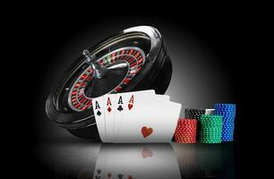 Four aces standing on a mirror surface with backlight, ahead of dark roulette and chips in piles. Black background. Gambling entertainment. Close-up. photo