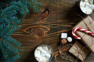 Cocoa with marshmallow, chocolate and spruce branches on a wooden background photo