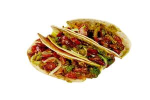 Tacos in wheat tortillas with hunting sausages, cheddar, chimichurri sauce, onion, beans, jalapeno isolated on white photo