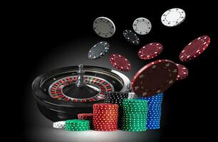 Dark roulette and multicolored chips in piles, some of them are flying apart, standing on mirror surface with backlight. Black background. Close-up. photo