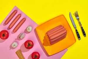 Sausages with tomatoes, spaghetti and garlic on a yellow and pink minimal background. Flat lay. Top view. photo