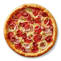 Meat pizza with bacon, salami, hunting sausages, jalapeno and onions isolated on white background photo