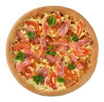 parte superior ver de Pizza con crema queso salsa, queso Mozzarella, Tomates, ahumado salmón y rojo caviar foto