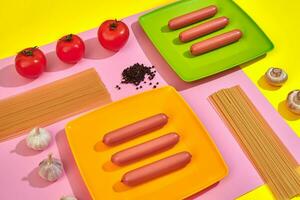 Sausages with tomatoes, mushrooms, spaghetti and garlic on a yellow and pink minimal background. Flat lay. Top view. photo