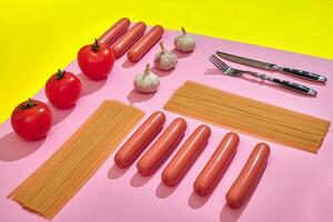 A lot of raw sausages with pasta and vegetables on pink and yellow background, top view. photo