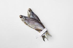 Two salted jerked roach fish with paper labels on tails isolated on white photo
