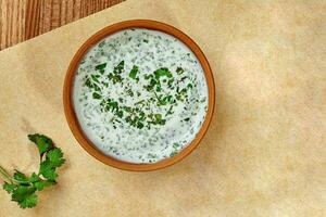 Clay bowl with creamy sauce of matsoni with fresh greens photo