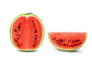 Green, striped watermelon with slice isolated on white, copy space for text, images. Cross-section. Berry with pink flesh, black seeds. Close-up. photo