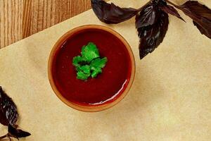 Traditional Georgian plum tkemali sauce in clay bowl with greens photo