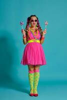 Lovely girl with a multi-colored braids hairstyle and bright make-up, posing in studio against a blue background, holding a lollipop in her hand. photo