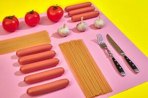 A lot of raw sausages with pasta and vegetables on pink and yellow background, top view. photo