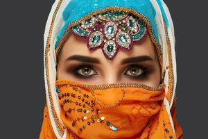 Studio shot of a chrming female wearing the colorful hijab decorated with sequins and jewelry. Arabic style. photo