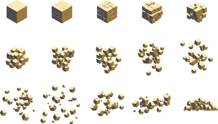 Stages of destruction of a cube by an explosion. Template for web illustrations and computer graphics. Vector illustration