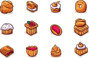 Set of sweet cakes, vector illustration. Dessert food symbol. Bakery design elements, logos, badges, labels and icons.