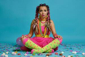 encantador niña con un multicolor trenzas peinado y brillante constituir, posando en estudio con aire globos y papel picado en contra un azul antecedentes. foto