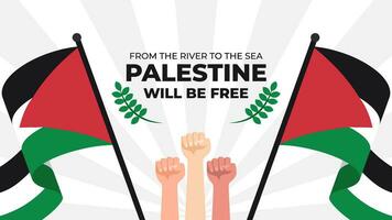 Palestine will be free, from the river to the sea Vector illustration. Hands with national flags of Palestine.