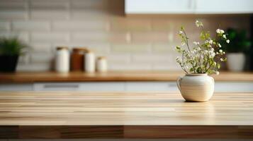 Empty Modern kitchen with blurred background, space for product display. Generative Ai photo