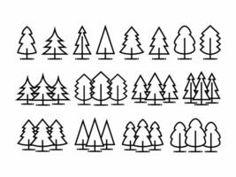 Pine tree icon set. Outline pine tree and pine forest icon vector, isolated on white background. vector