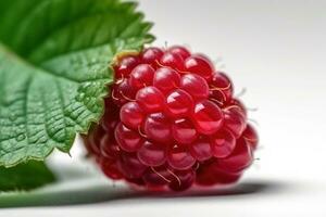 AI Generated red raspberry berry with macro leaf on white background photo