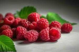 AI Generated a group of ripe raspberries with leaves photo