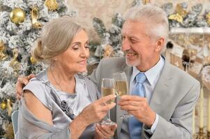 Old couple with champagne celebrating Christmas near tree photo