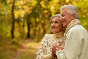 Elderly couple dance in the park in autumn. photo