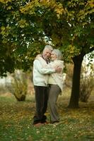 Elderly couple dance in the park in autumn. photo