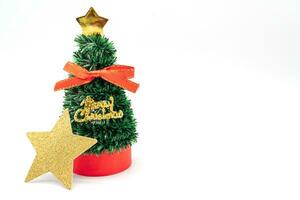 Little Christmas tree and Gold Star isolated on white background. Christmas background. photo