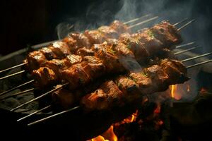 Juicy skewered seekh kababs a mouthwatering blend of spices and grilled goodness AI Generated photo