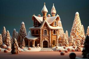 AI generated Christmas gingerbread house Magical fairy tale castle in snowy winter of sugary dreams AI Generated photo