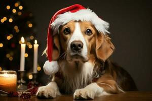 ai generado Navidad festividades con un amable perro celebrando con festivo decoraciones y fiesta alegría ai generado foto