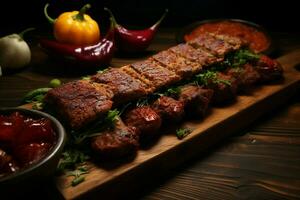 Juicy skewered seekh kababs a mouthwatering blend of spices and grilled goodness AI Generated photo