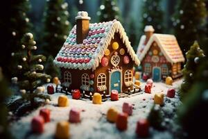 ai generado Navidad pan de jengibre casa mágico hada cuento castillo en Nevado invierno de azucarado Sueños ai generado foto