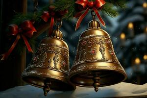 AI generated Shiny Christmas bell jingle bells ringing, spreading holiday cheer with festive joy AI Generated photo