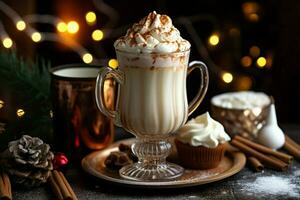 AI generated Classic hot chocolate rich warmth and creamy eggnog festive holiday Christmas  AI Generated photo