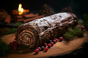 AI generated Classic Yule log a festive treat Christmas cake rolled and adorned for a delightful celebration AI Generated photo