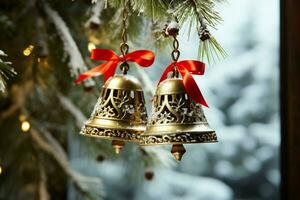 AI generated Shiny Christmas bell jingle bells ringing, spreading holiday cheer with festive joy AI Generated photo