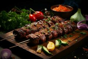 Juicy skewered seekh kababs a mouthwatering blend of spices and grilled goodness AI Generated photo