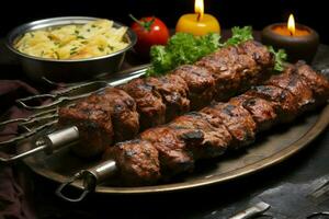 Juicy skewered seekh kababs a mouthwatering blend of spices and grilled goodness AI Generated photo