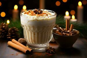 AI generated Classic hot chocolate rich warmth and creamy eggnog festive holiday Christmas  AI Generated photo