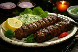 Juicy skewered seekh kababs a mouthwatering blend of spices and grilled goodness AI Generated photo