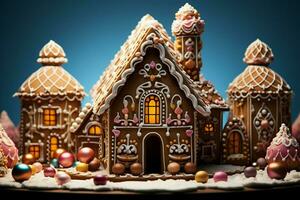 AI generated Christmas gingerbread house Magical fairy tale castle in snowy winter of sugary dreams AI Generated photo