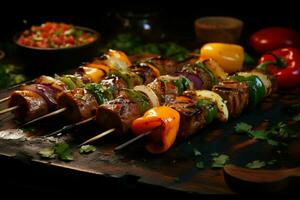 Juicy skewered seekh kababs a mouthwatering blend of spices and grilled goodness AI Generated photo