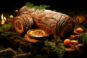 AI generated Classic Yule log a festive treat Christmas cake rolled and adorned for a delightful celebration AI Generated photo