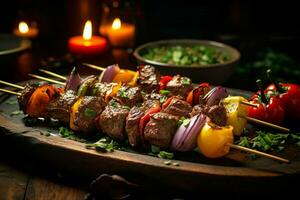 Juicy skewered seekh kababs a mouthwatering blend of spices and grilled goodness AI Generated photo