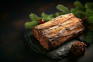 AI generated Classic Yule log a festive treat Christmas cake rolled and adorned for a delightful celebration AI Generated photo